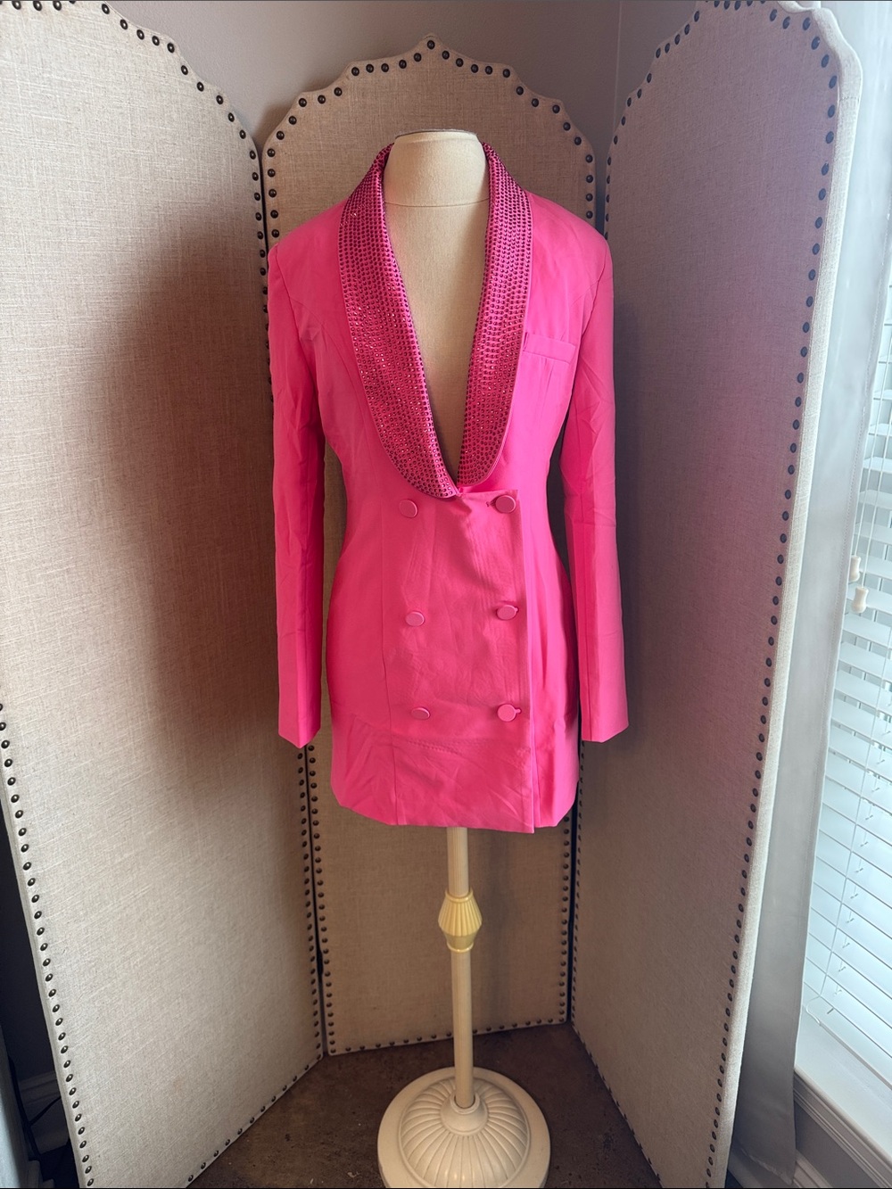 Buddy Love Hot Pink Double-Breasted Blazer with Sequined Shawl Collar